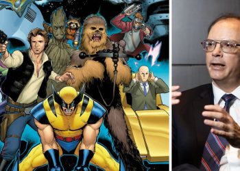 Ilustrasi konsep game crossover Marvel dan Star Wars dengan nuansa futuristik