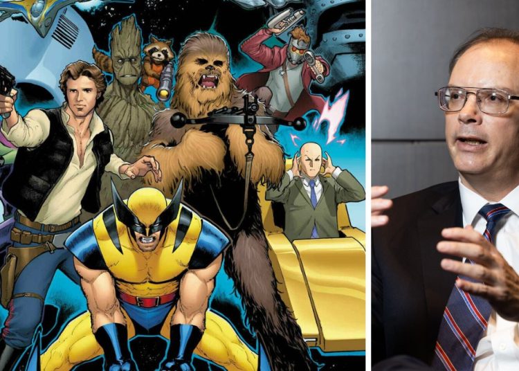 Ilustrasi konsep game crossover Marvel dan Star Wars dengan nuansa futuristik