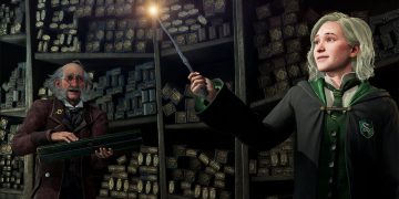 Logo DLSS 5 Nvidia di latar adegan Hogwarts Legacy