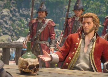 Ilustrasi tokoh Assassin's Creed di atas kapal bajak laut, mewakili game Black Flag