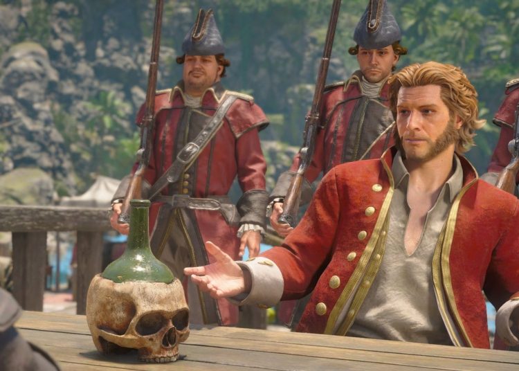 Ilustrasi tokoh Assassin's Creed di atas kapal bajak laut, mewakili game Black Flag