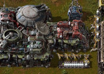 Ilustrasi pabrik otomatis yang penuh konveyor di game Factorio